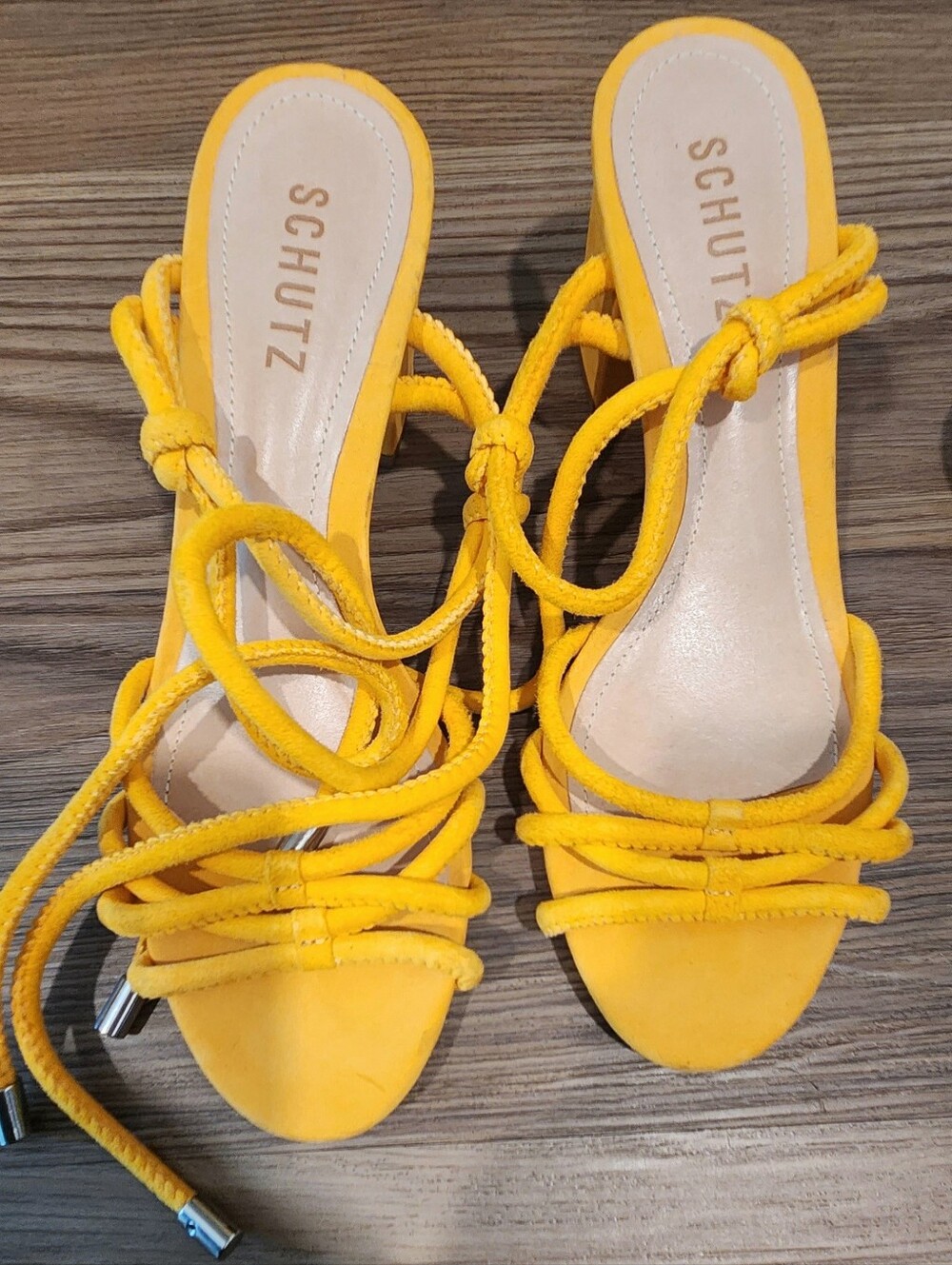 SCHUTZ Bright Yellow Lace-Up Block Heel Sandals AUTHENTIC BRAZIL 36